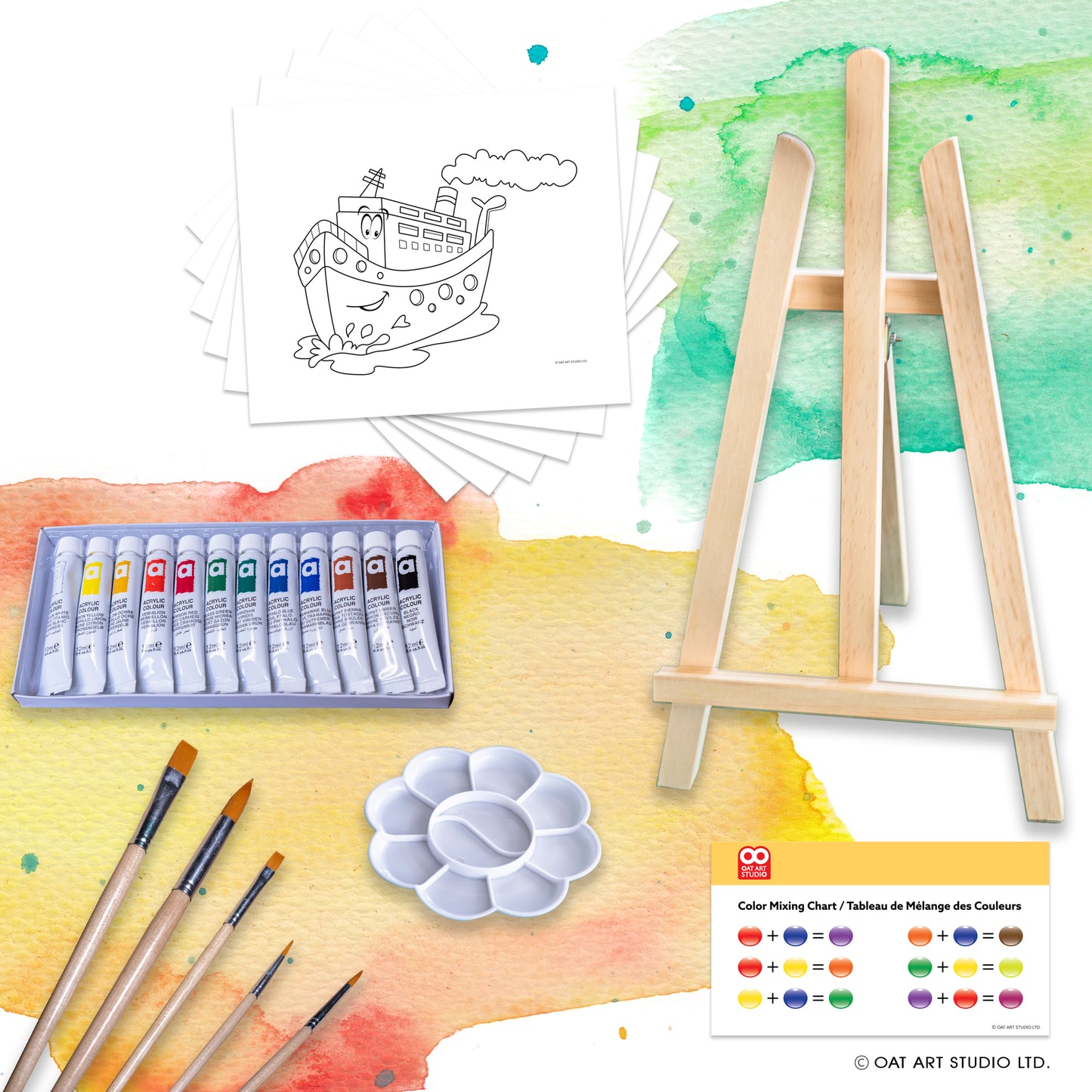 OAT ART STUDIO 26-Piece Kids Art Painting Set with wood Easel
