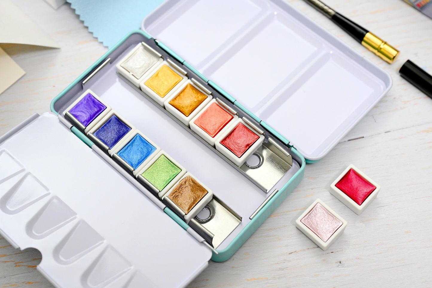 OAT ART STUDIO Metallic Watercolor Paints, 12 Half Pans, Artist Grade, with metal storage tin, includes retractable metal handle paintbrush