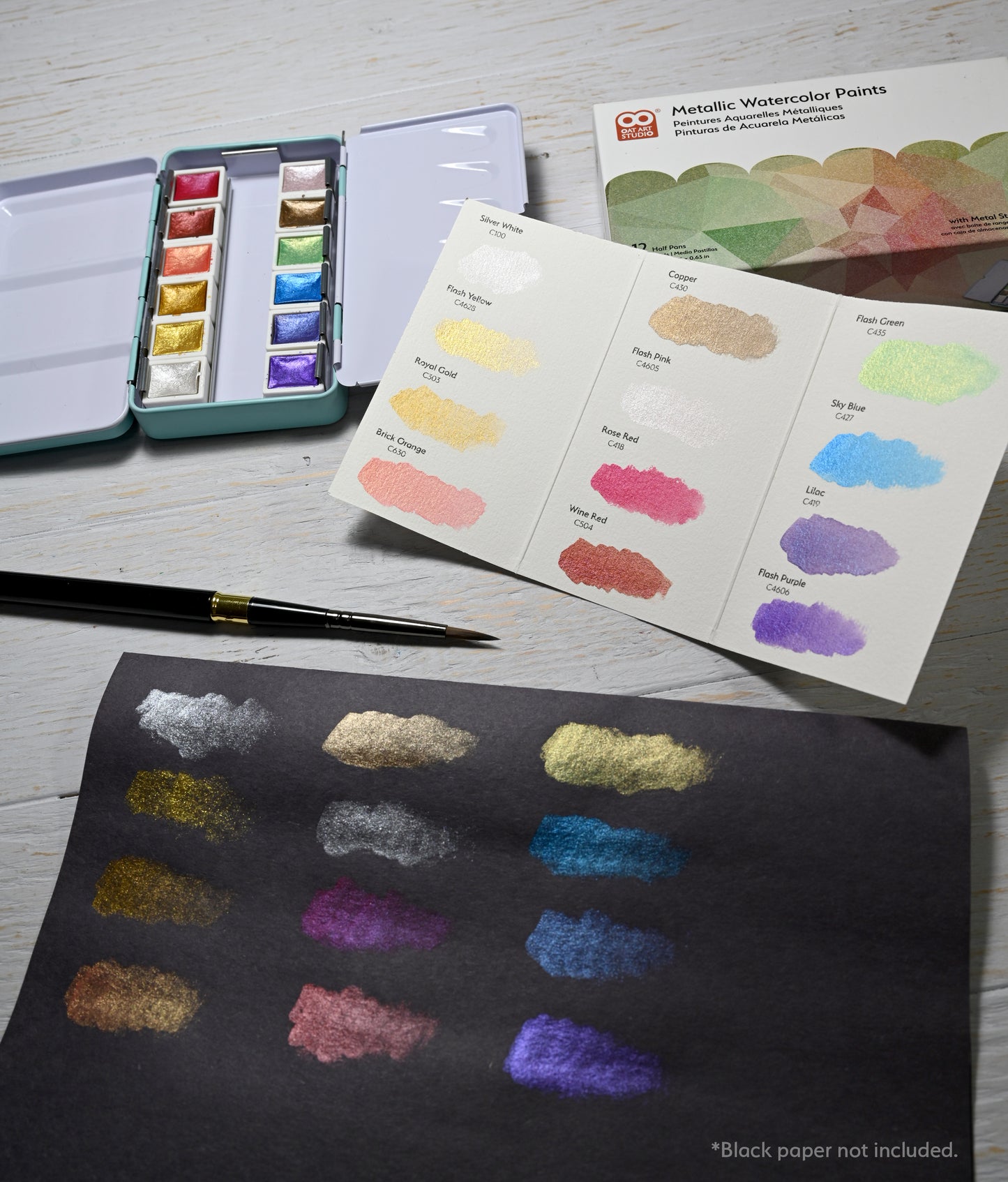 OAT ART STUDIO Metallic Watercolor Paints, 12 Half Pans, Artist Grade, with metal storage tin, includes retractable metal handle paintbrush