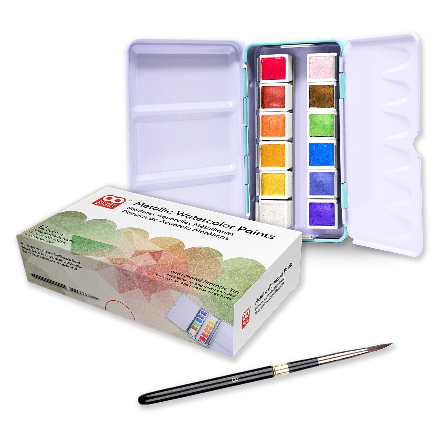 OAT ART STUDIO Metallic Watercolor Paints, 12 Half Pans, Artist Grade, with metal storage tin, includes retractable metal handle paintbrush