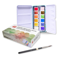 OAT ART STUDIO Metallic Watercolor Paints, 12 Half Pans, Artist Grade, with metal storage tin, includes retractable metal handle paintbrush