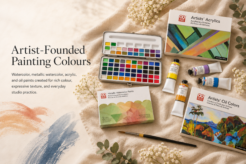 Art supplies including watercolor sets, acrylics, and oil paints 